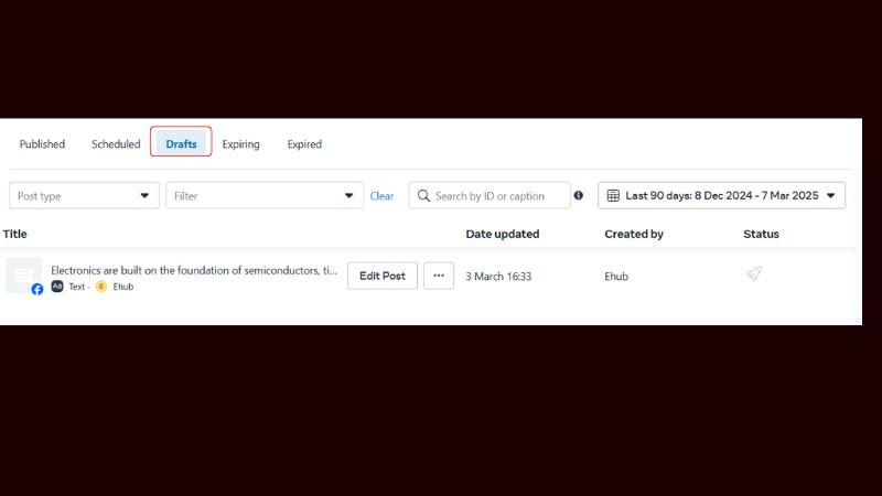Find drafted post to publish it on Facebook