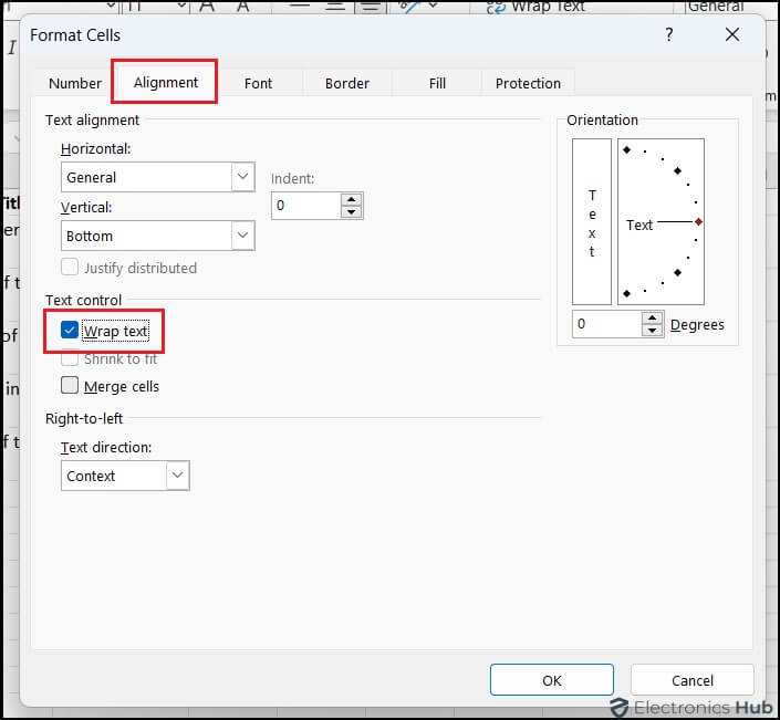 Alignment Tab-text wrap in excel