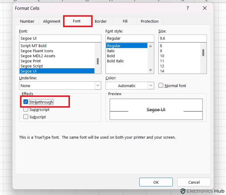 Check the box next to Strikethrough - Excel
