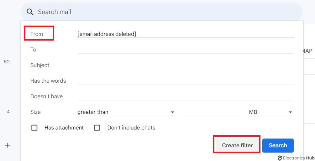 Click on the Create filter button - Whitelist Email in Gmail