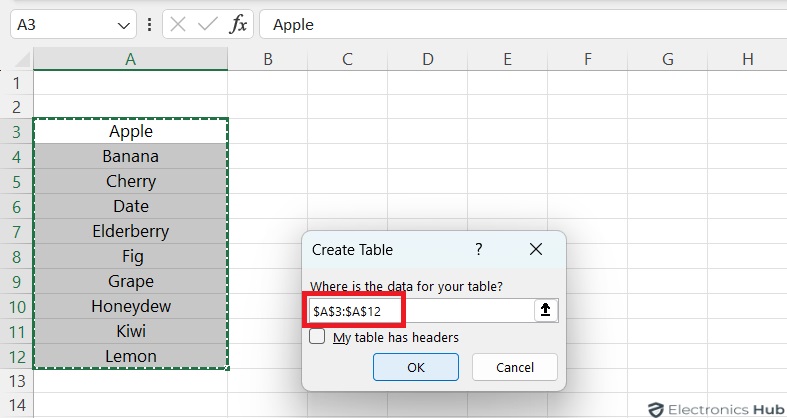 Convert data into table - Drop-down List From Excel Table