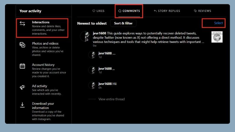 Interactions -instagram comments