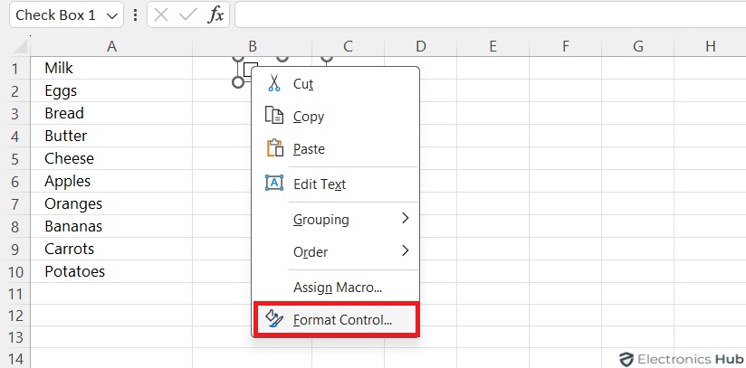 choose "Format Control." - Insert checkbox to excel