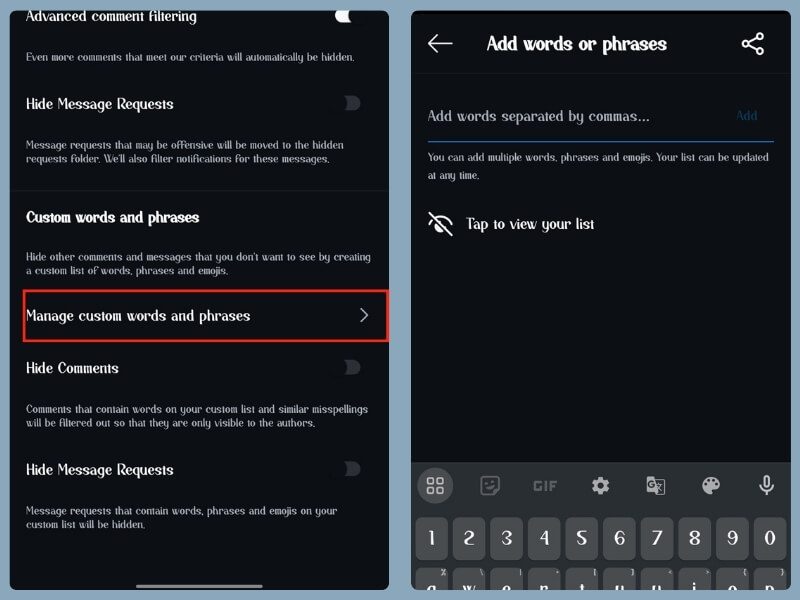 Manage custom words - disable instagram comments