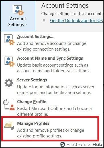 Manage profiles option-change password for outlook