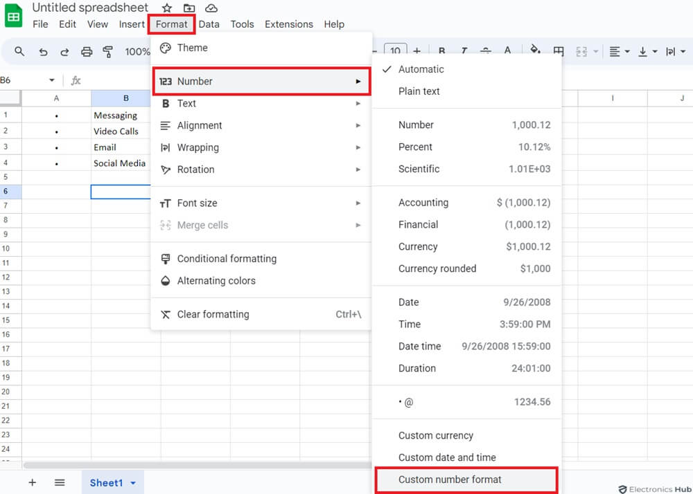 Navigate to Format menu bar - Bullet Points in Google Sheets