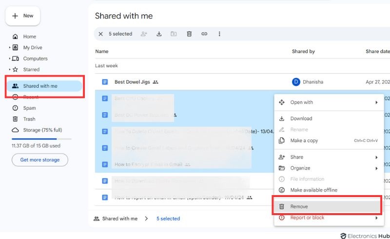 Remove Shared Folders - google drive storage free limit