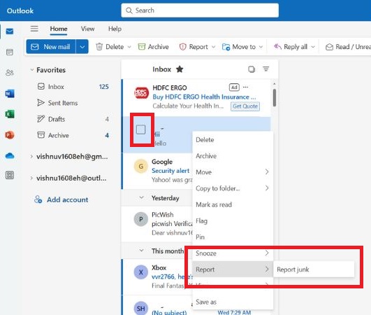 Report Spam Using Desktop Application - Trash spam emails