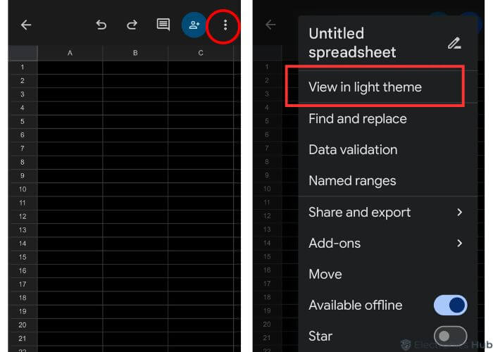 Select View in Dark or light theme - Google sheet