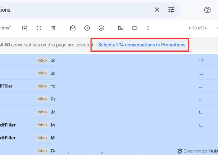 Select all 50 conversations on this page to delete all promotions (gmail)