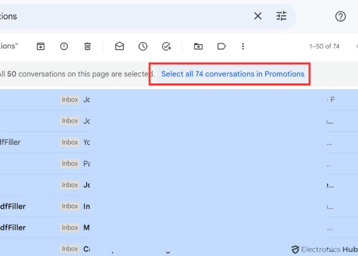 Select all 50 conversations on this page to delete all promotions (gmail)