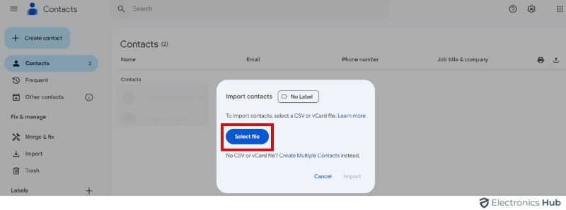 Select file - Add Contacts To Gmail