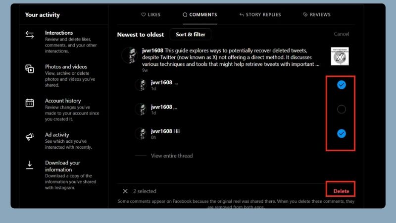 Sort & Filter - instagram comments