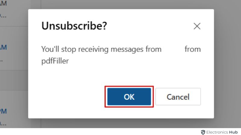 Click on Ok on Outlook - Unsubscribed Emails