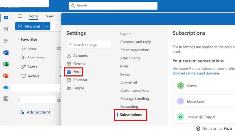 Click on the Mail and Subscription on Outlook - Unsubscribed Email