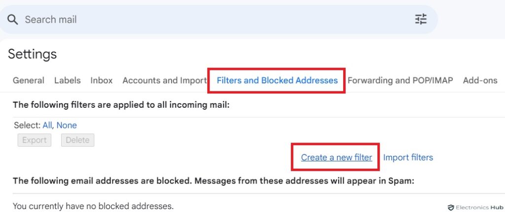 click on the Create a new filter link - Whitelist An Email (Gmail)