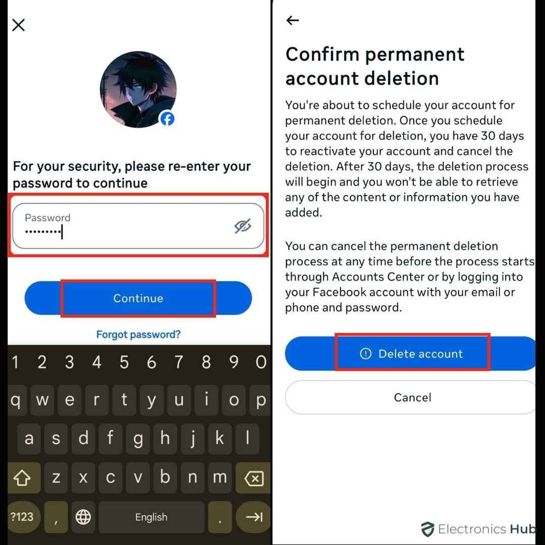 confirm delete-how to delete facebook account
