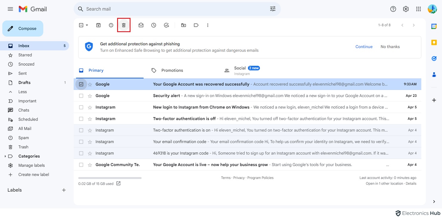 Hit the Trash icon - Archive VS Delete in gmail