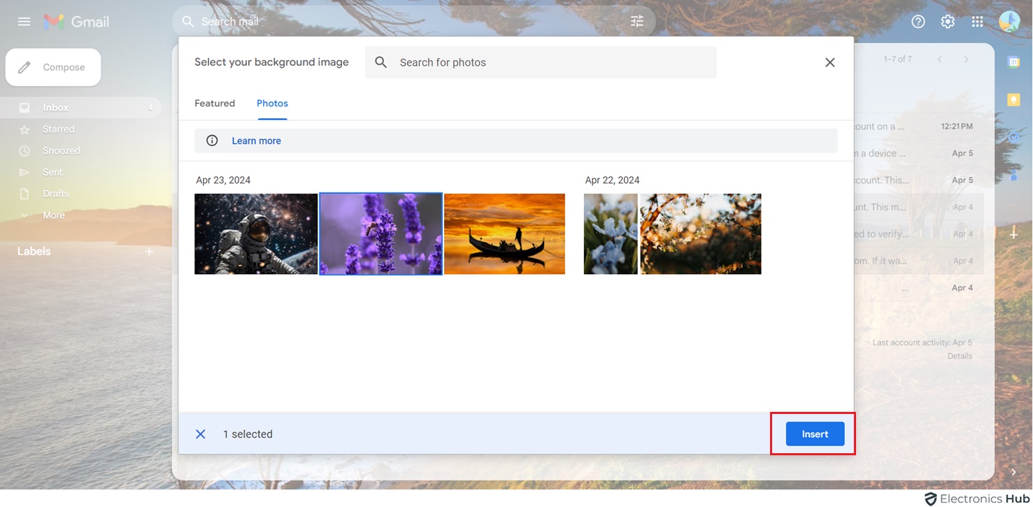 insert photos - change gmail background