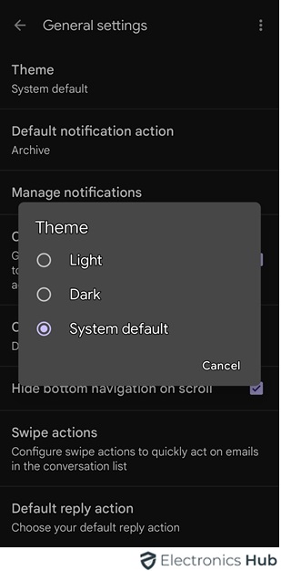 modes in settings - change gmail background
