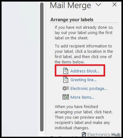 select Address block - Printing Labels Excel