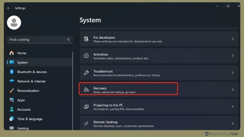 select Recovery-how boot in safe mode