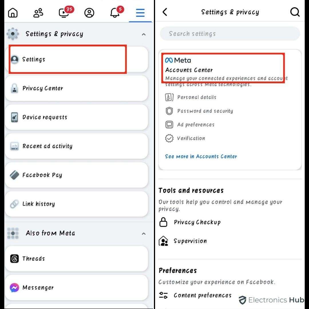 settings-delete fb account