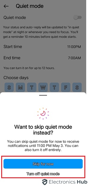skip for now - turn off quiet mode on instagram
