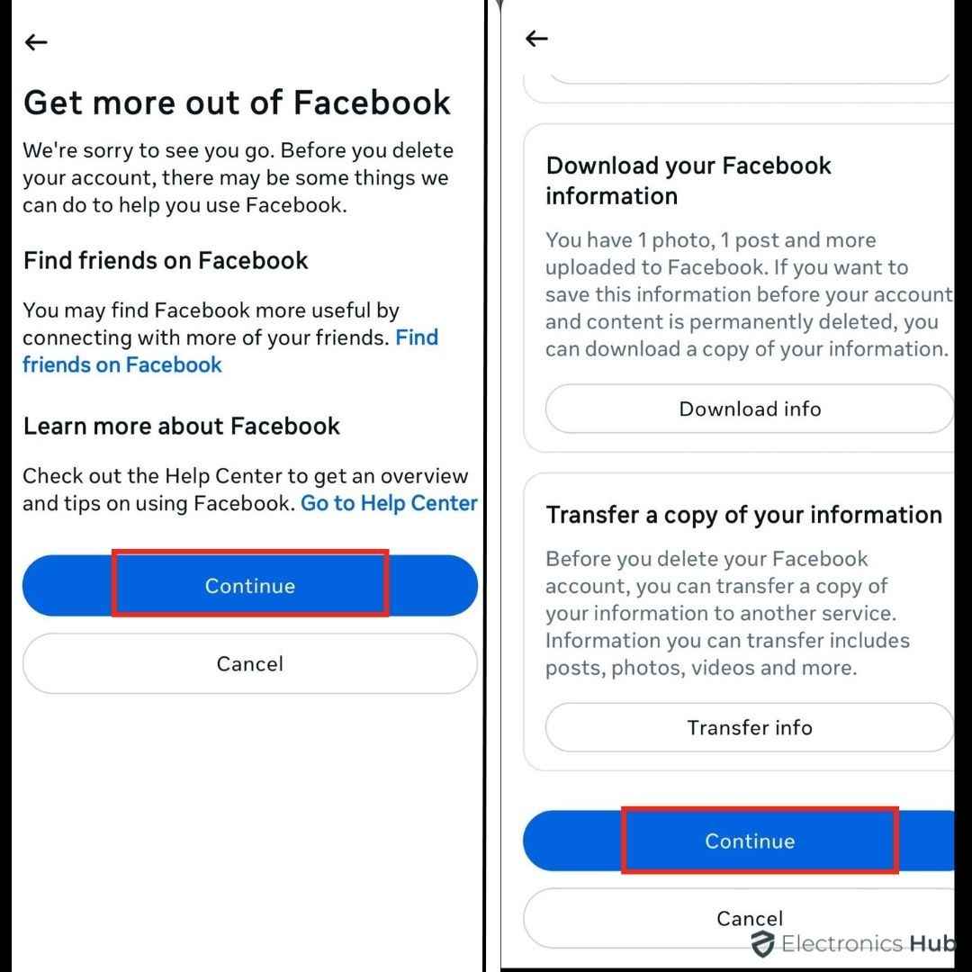 tap continue-facebook account remove