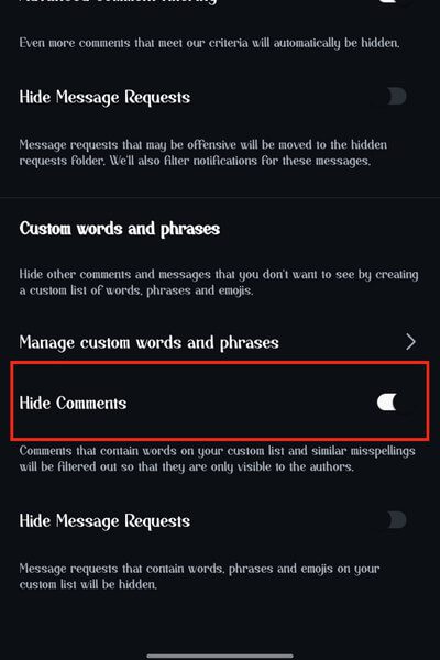 toggle Hide comments button - remove comments from instagram